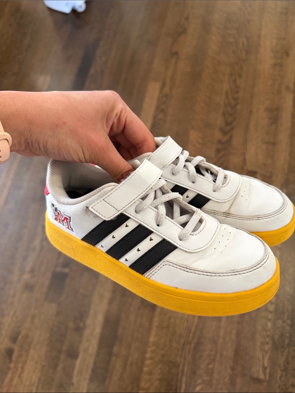 adidas Kids White Sneakers with Black Stripes and Yellow Sole